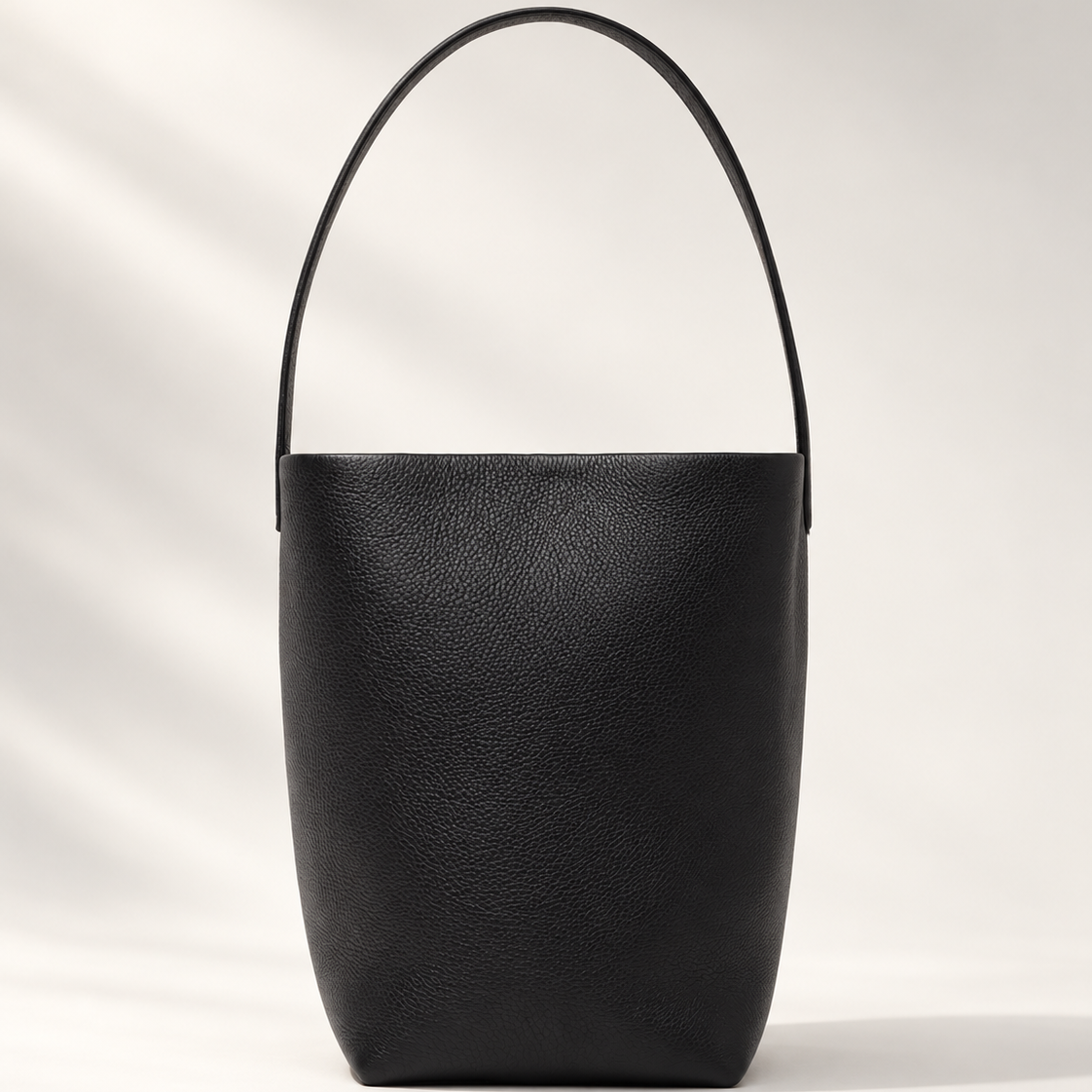 Vertical Soft Leather Tote Medium in Black, genuine top-grain calfskin bucket tote with magnetic closure, 11.25 in tall