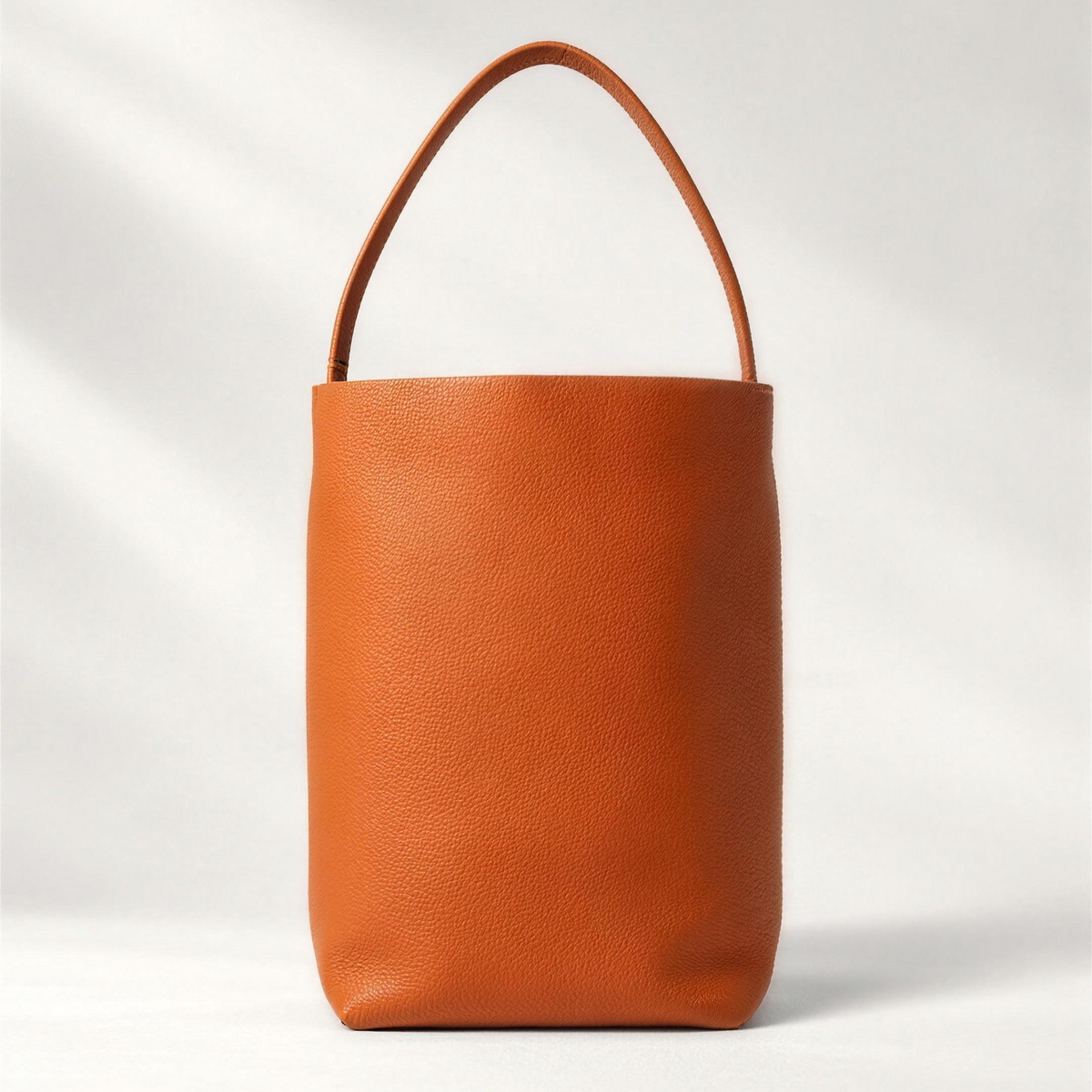 Vertical Soft Leather Tote Large, genuine top-grain calfskin bucket tote with integrated strap, 14 in tall