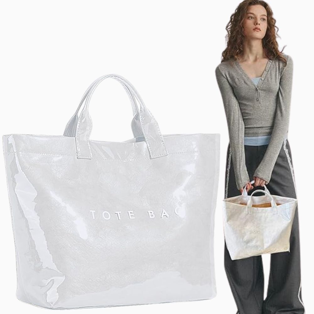 Trendy white PVC Dupont tote bag with glossy finish – viral fashion carry-all perfect for everyday style, shopping, and on-the-go looks