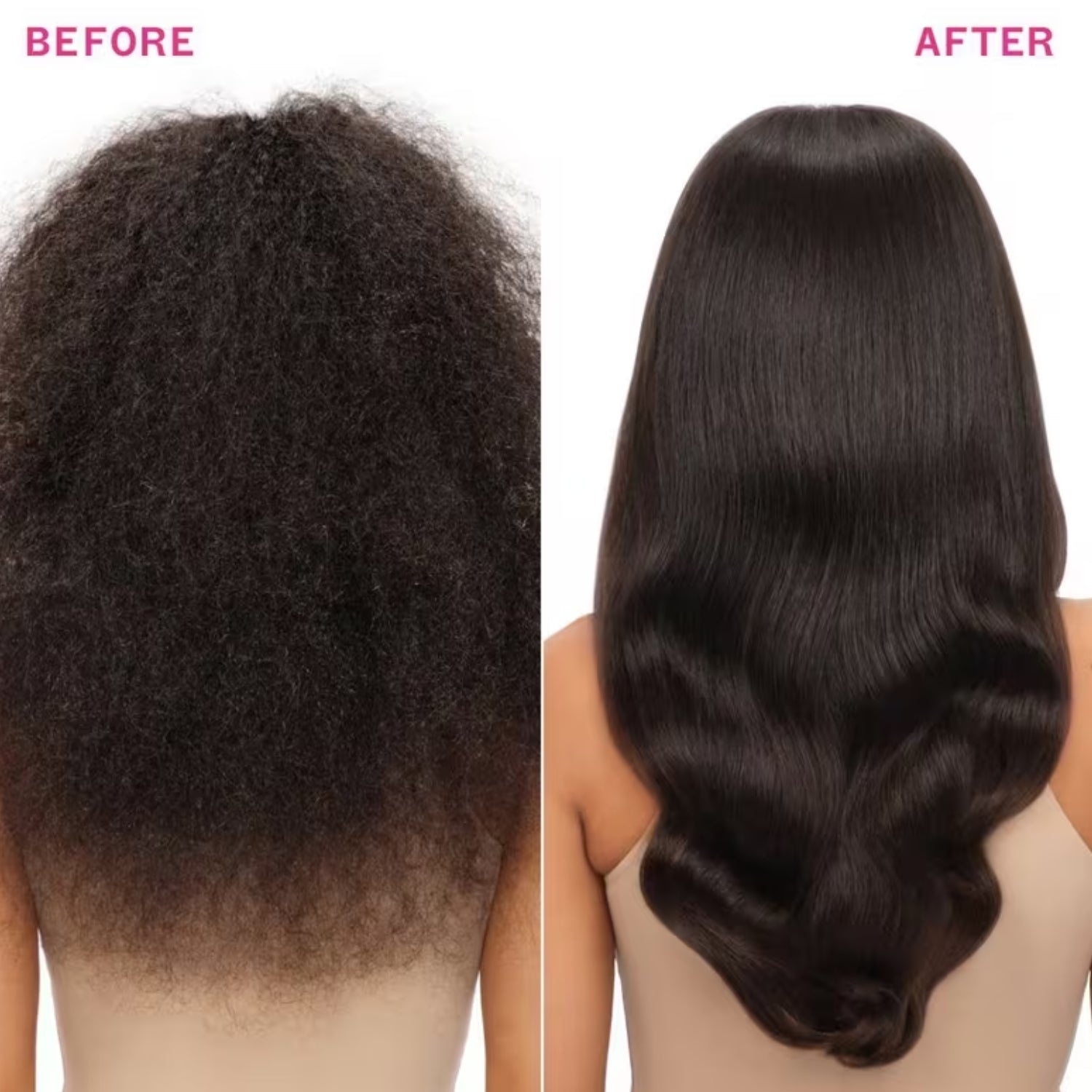 amika Forget Frizz Anti-Frizz Shampoo Before and after hair transformation comparison showing a dark brown to black textured hair turning into long, glossy, wavy hair, displayed on a model's head from the back against a white background.