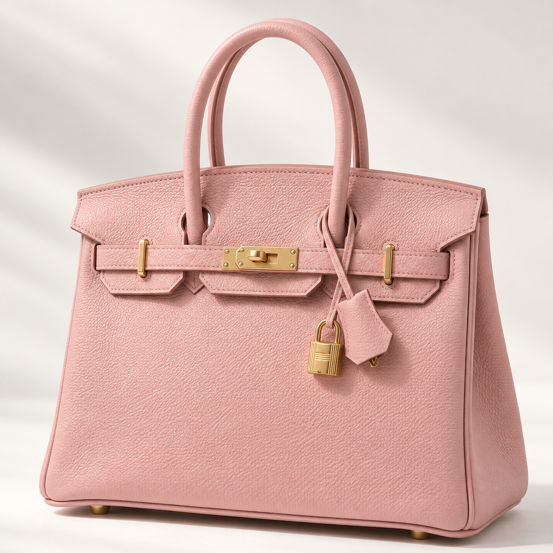 A pink textured leather CLASSIC 30 TOGO LEATHER handbag with gold-tone hardware, dual top handles, and a hanging clochette, photographed against a clean white background.