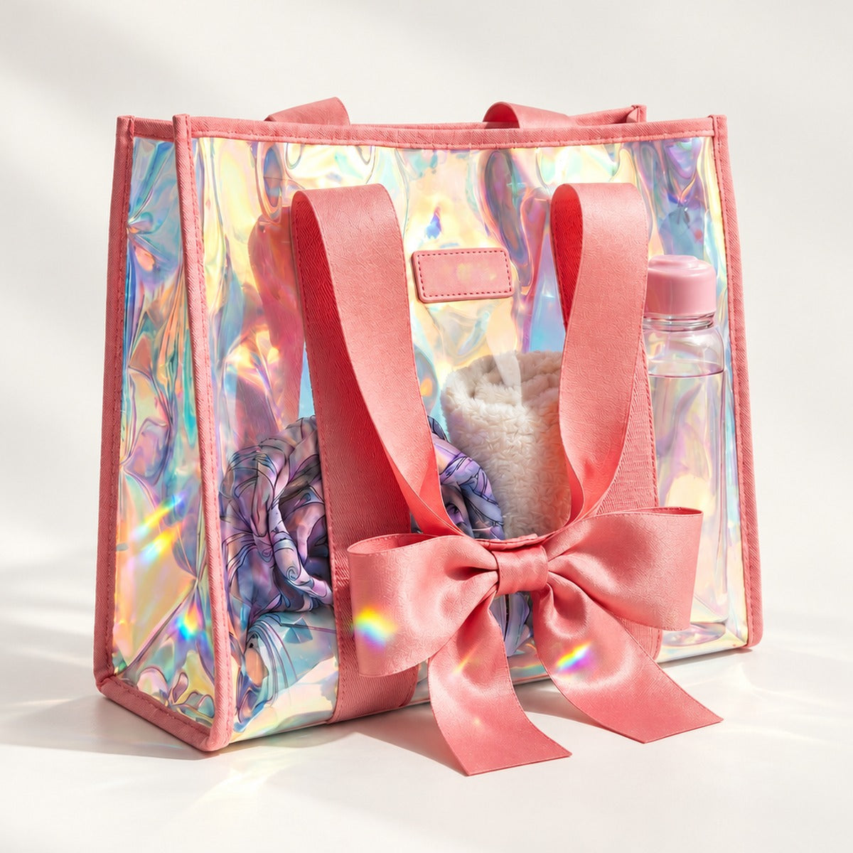 BowMe Prism Bubble Beach Tote in Prism Pink, waterproof foldable tip-proof beach bag with clear phone pouch, 17 x 12 x 8 in