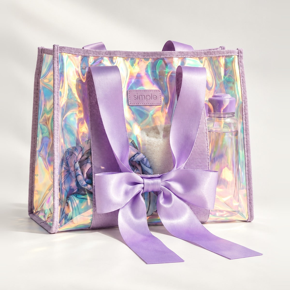 BowMe Prism Bubble Beach Tote in Prism Purple, waterproof foldable tip-proof beach bag with clear phone pouch, 17 x 12 x 8 in
