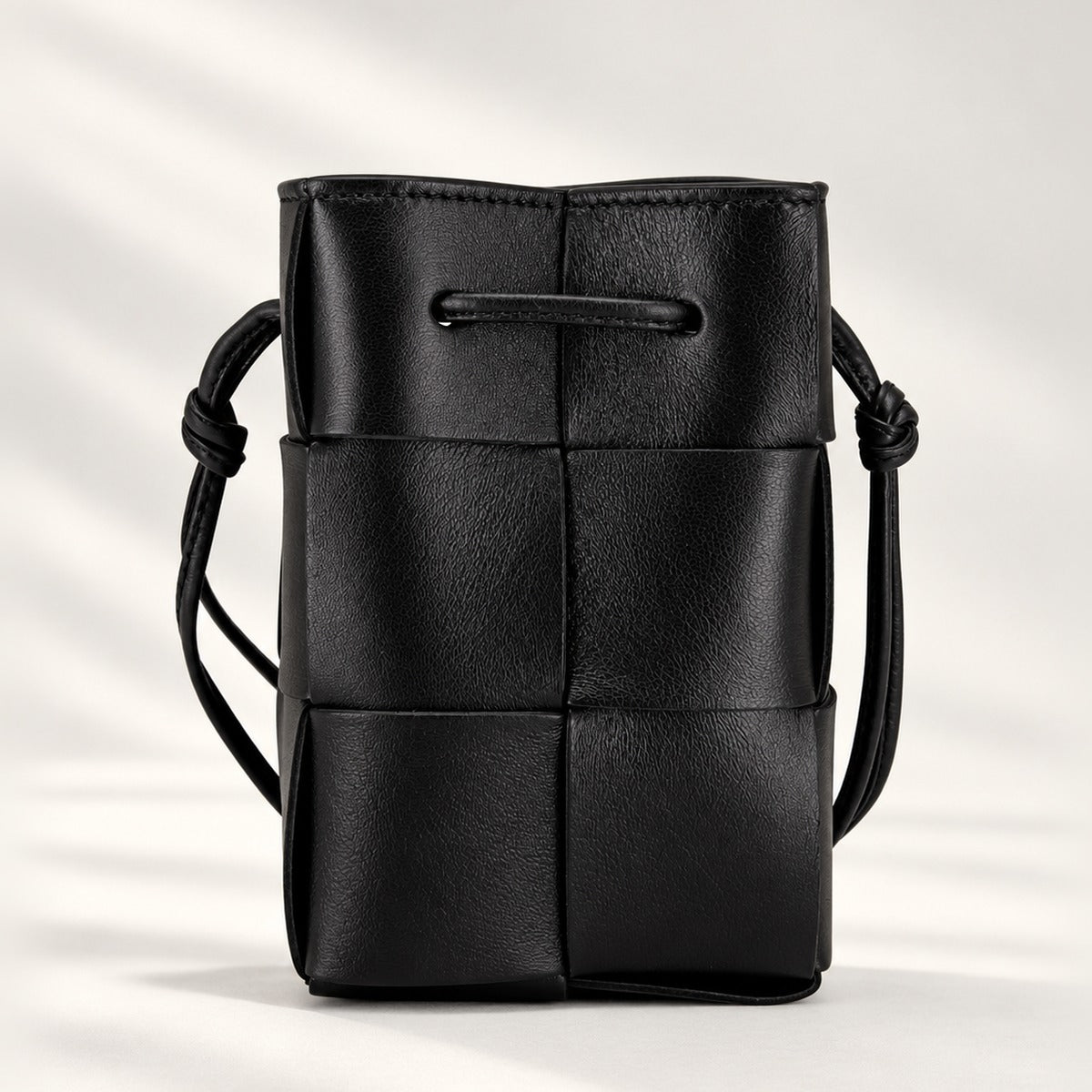 Chic Woven Mini Crossbody Bucket Bag in Black, lightweight woven PU leather shoulder bag with 21 in strap drop