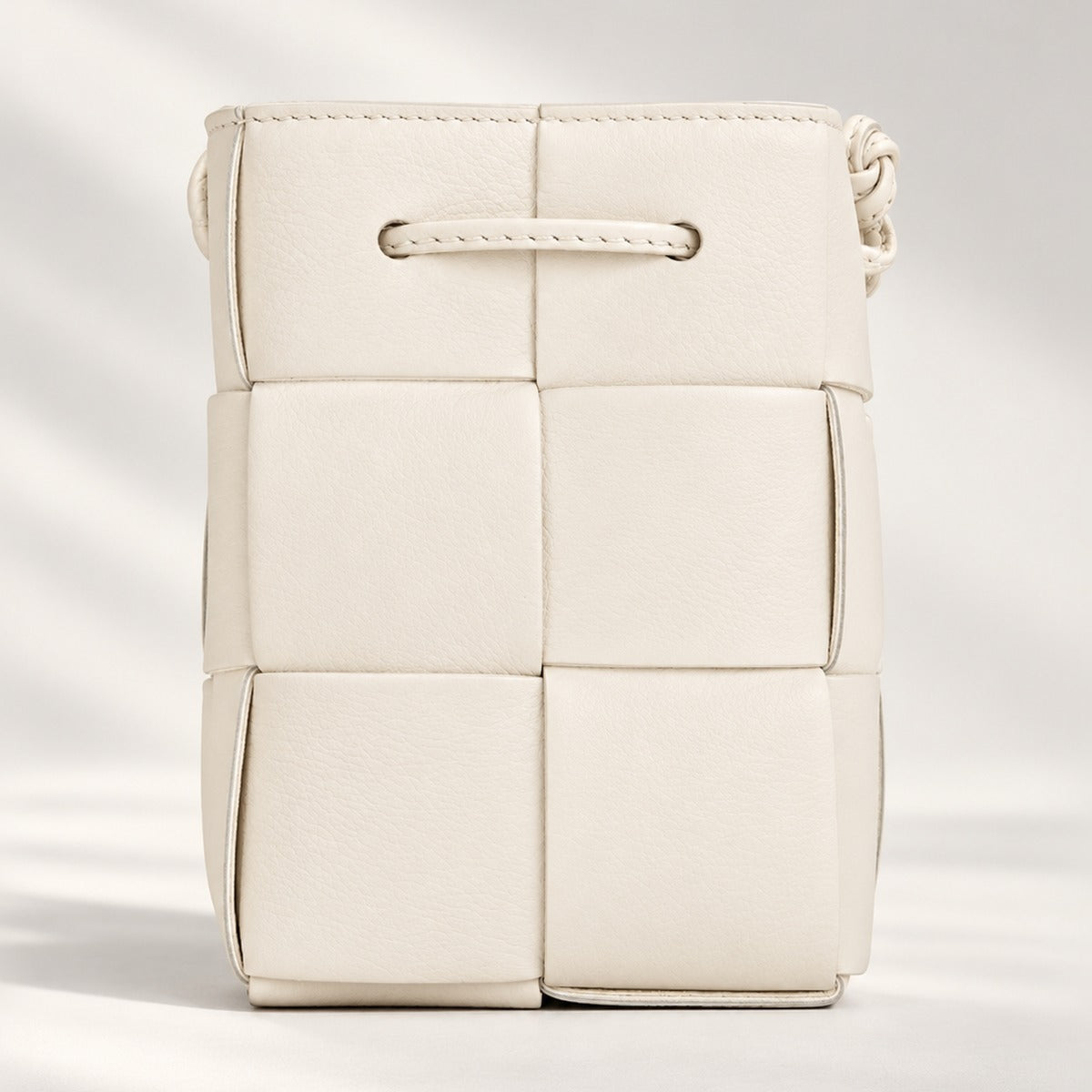 Chic Woven Mini Crossbody Bucket Bag in White, lightweight woven PU leather shoulder bag with 21 in strap drop