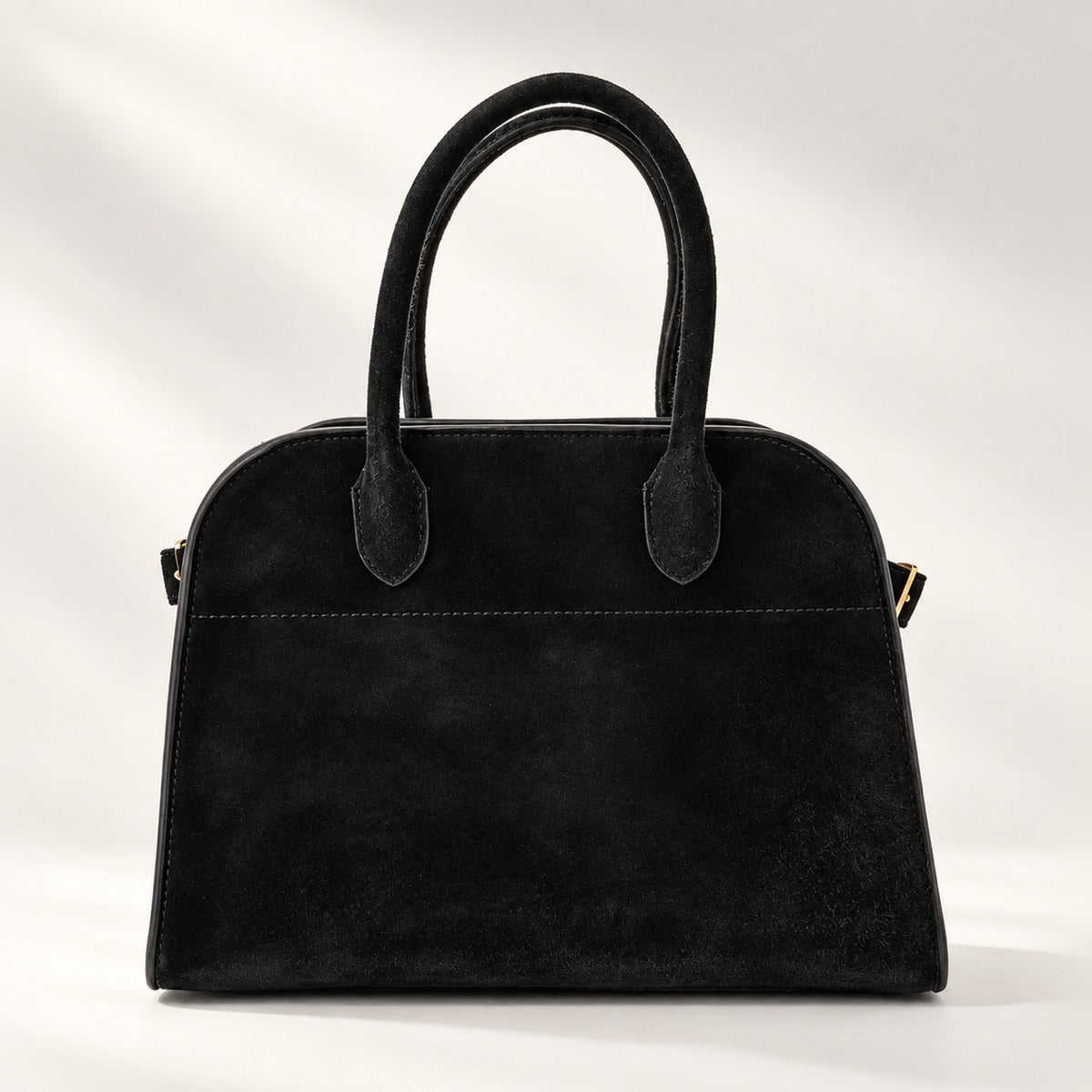 Belted 10 Compact Structured Tote, Suede Edition in Black, matte vegan suede with belted gussets and removable strap, 10 x 7 in
