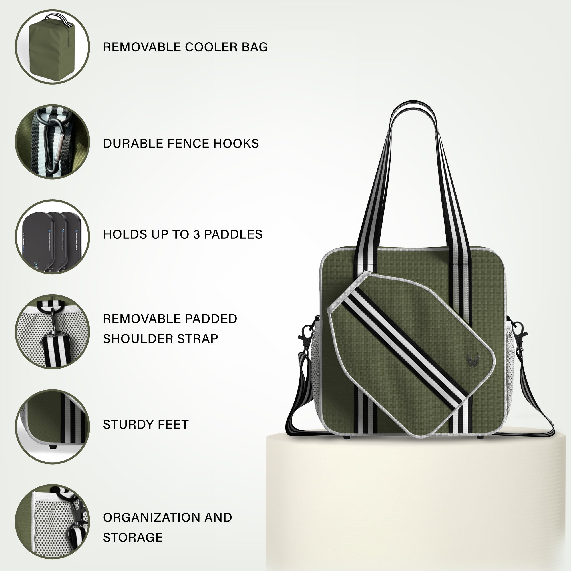 Premium Polyester Khaki Pickleball Sporting Bag with Detachable Cooler Bag, and padded shoulder strap with lots of pockets and smart storage, waterproof, durable, stylish and fashionable