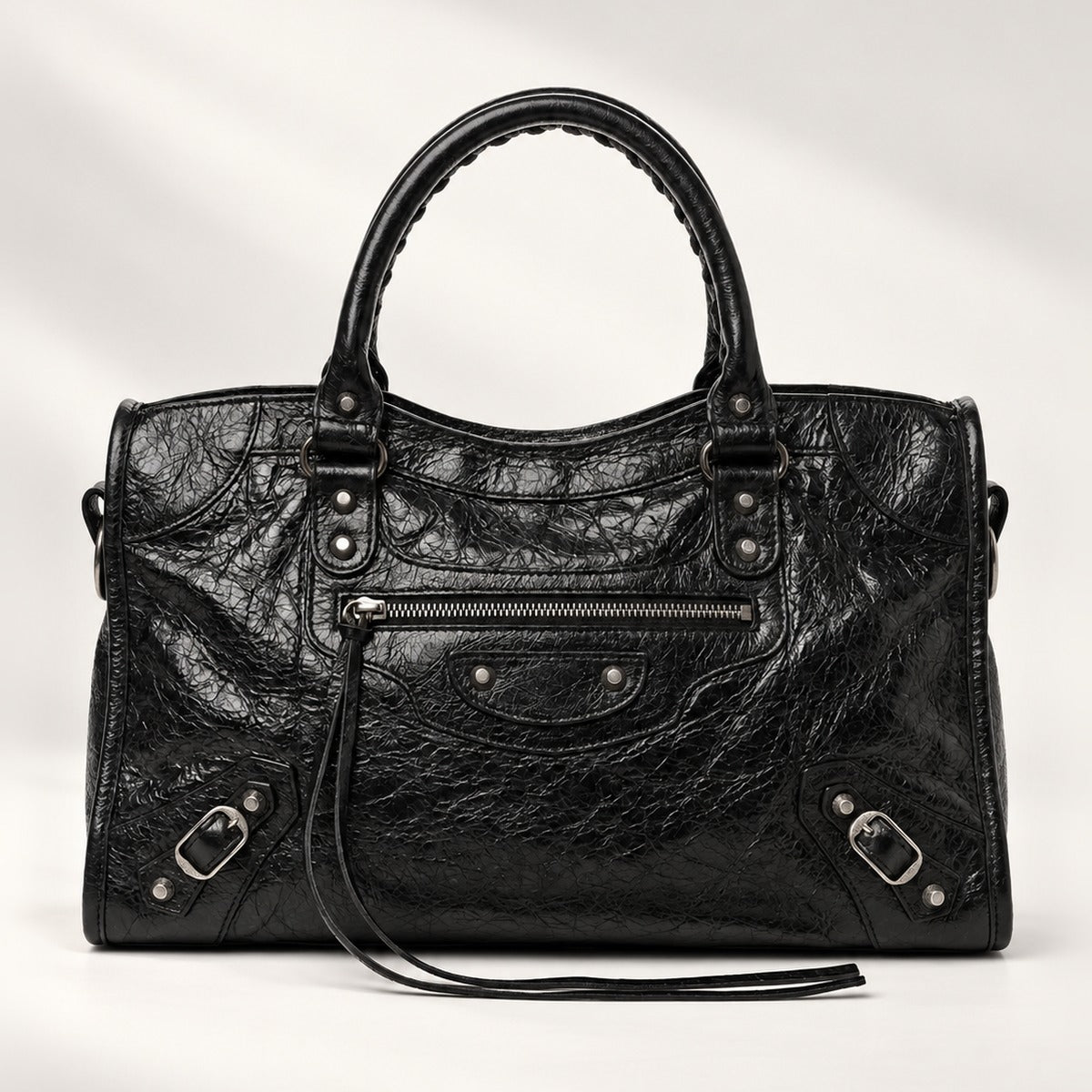 Large City-Style Leather Shoulder Bag in Black, moto detail with buckle trims, studs, top handles and shoulder strap