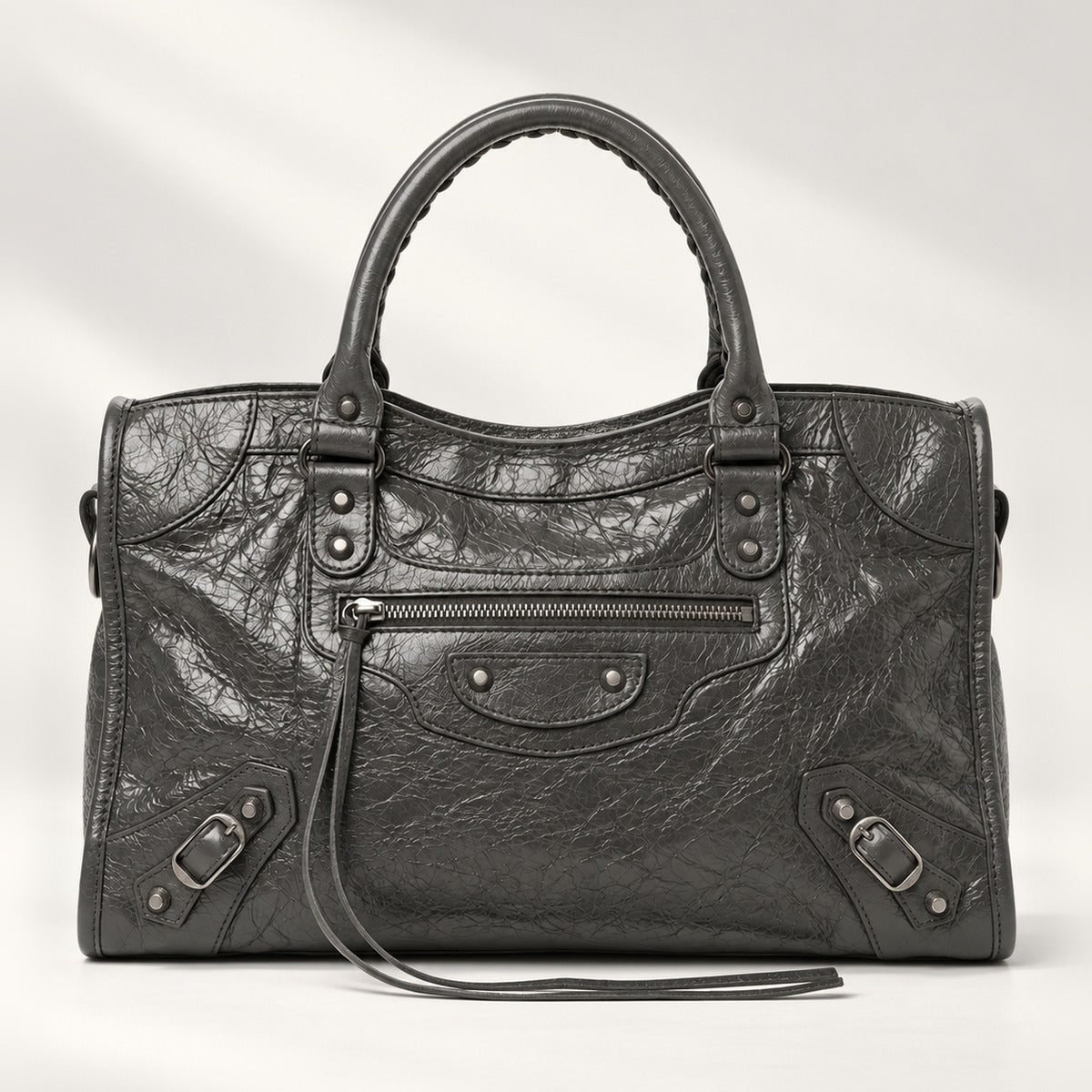 Large City-Style Leather Shoulder Bag in Dark Grey, moto detail with buckle trims, studs, top handles and shoulder strap