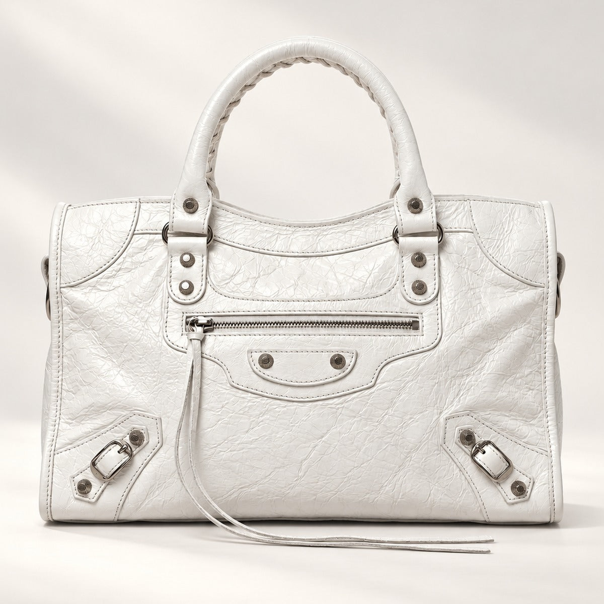 Large City-Style Leather Shoulder Bag in White, moto detail with buckle trims, studs, top handles and shoulder strap