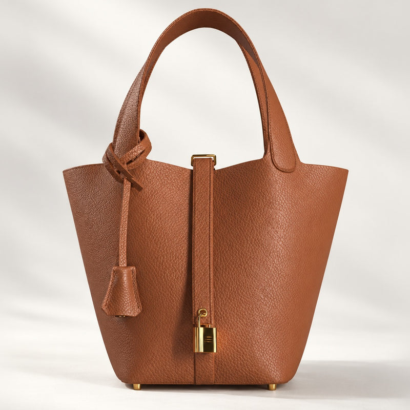 Leather Bucket Bag in Brown, mini lock accent with gold-tone hardware and removable drawstring pouch, 7.5 x 5.9 x 7.1 in