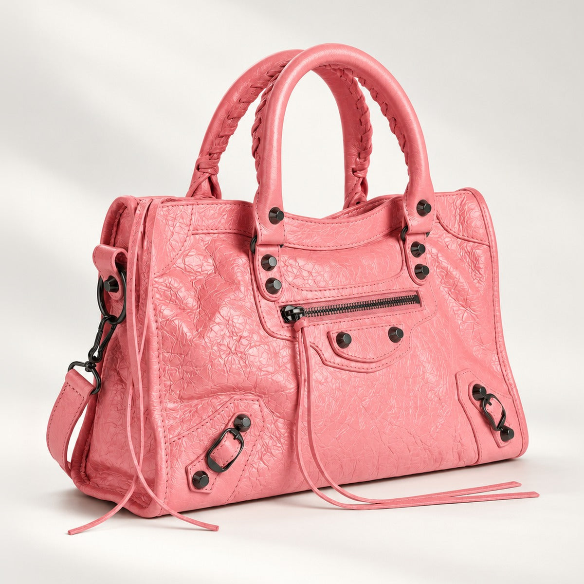Medium City-Style Leather Shoulder Bag in Baby Pink, moto detail, dual top handles, top zip and crossbody strap, 14.5 x 9.5 in