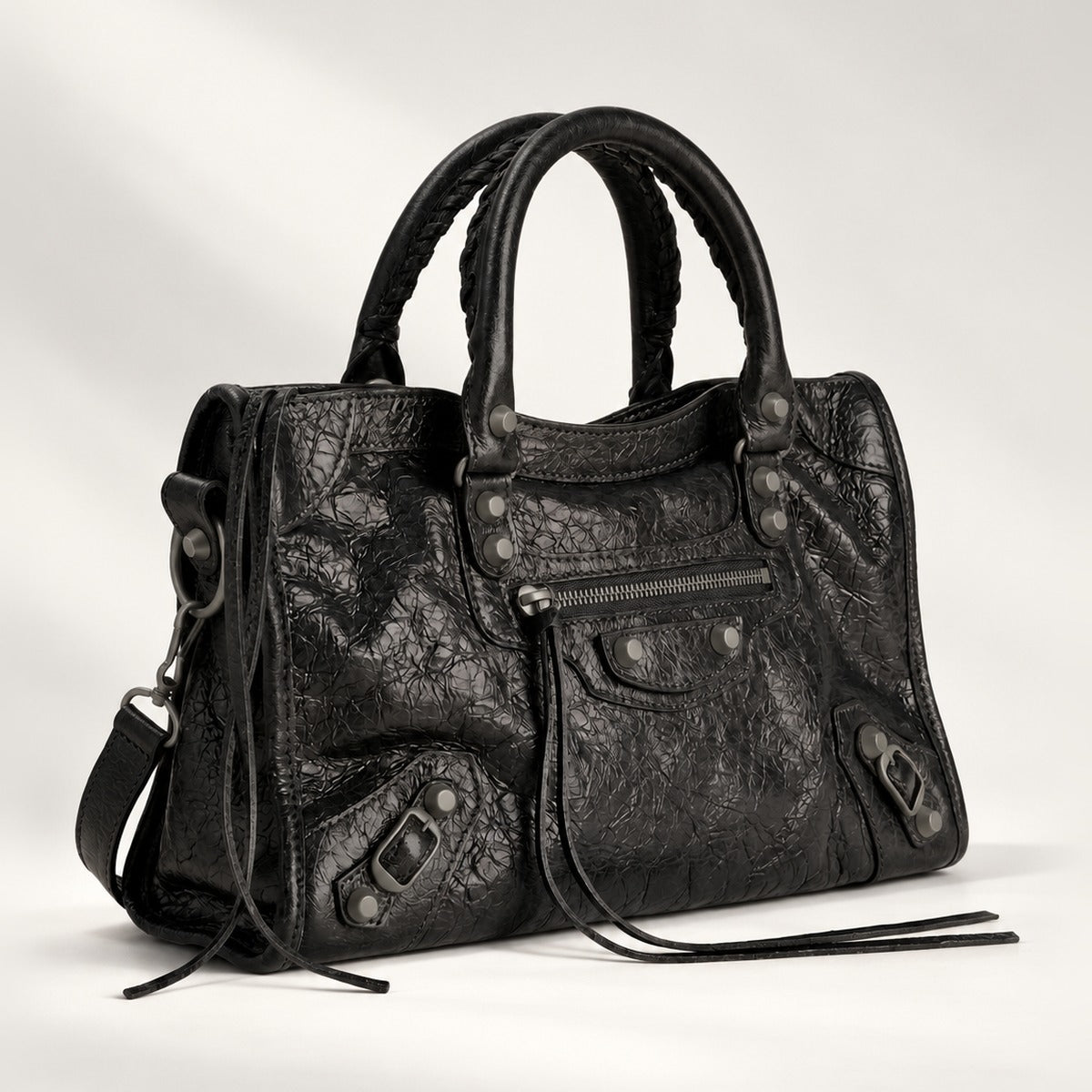 Medium City-Style Leather Shoulder Bag in Black, moto detail, dual top handles, top zip and crossbody strap, 14.5 x 9.5 in
