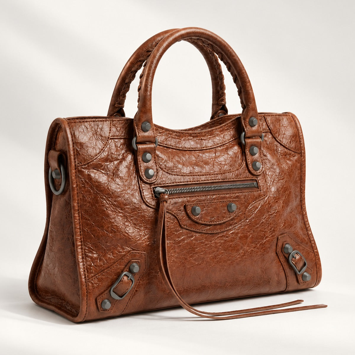 Medium City-Style Leather Shoulder Bag in Brown, moto detail, dual top handles, top zip and crossbody strap, 14.5 x 9.5 in