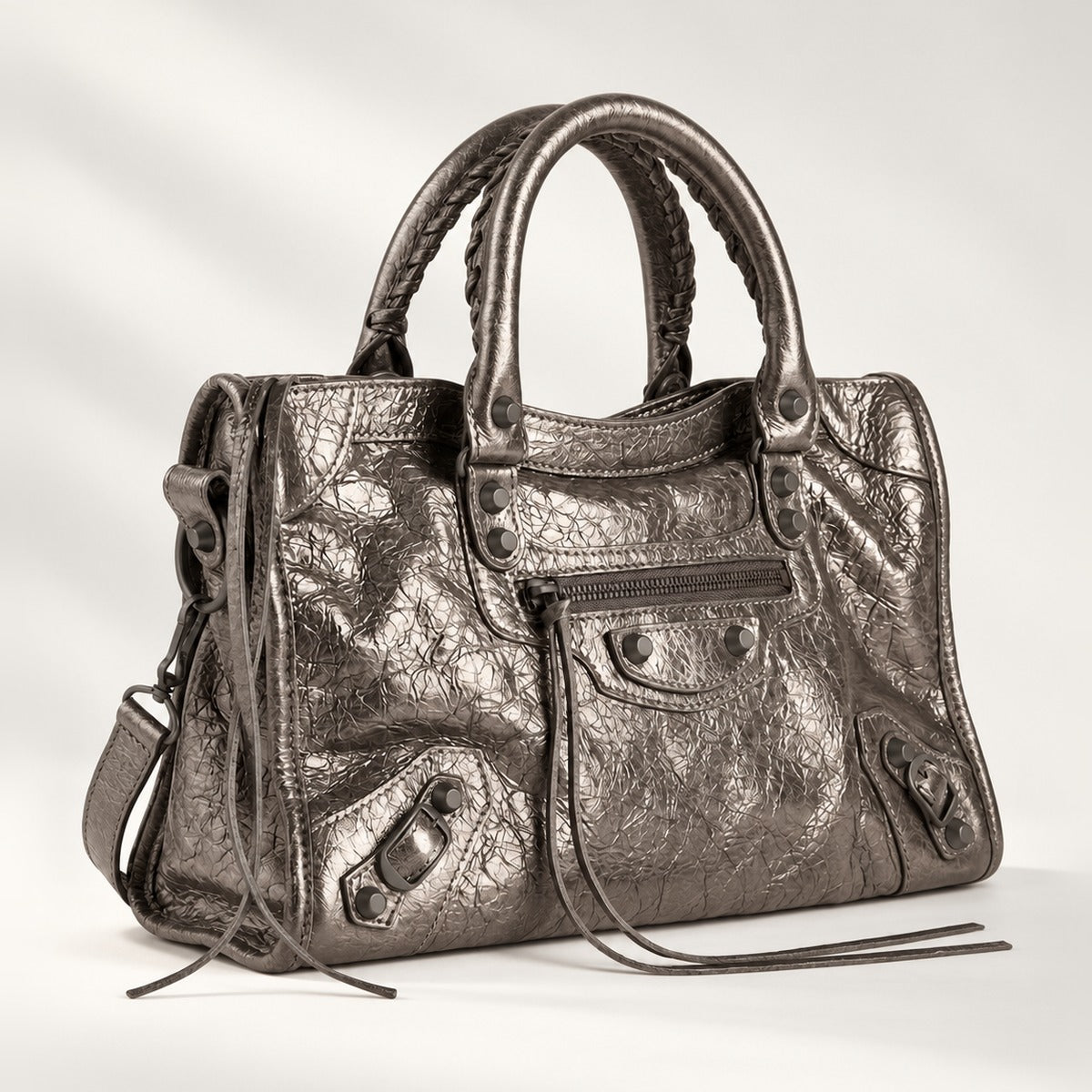 Medium City-Style Leather Shoulder Bag in Champagne, moto detail, dual top handles, top zip and crossbody strap, 14.5 x 9.5 in