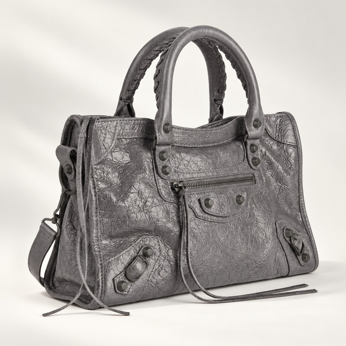 Medium City-Style Leather Shoulder Bag in Dark Grey, moto detail, dual top handles, top zip and crossbody strap, 14.5 x 9.5 in