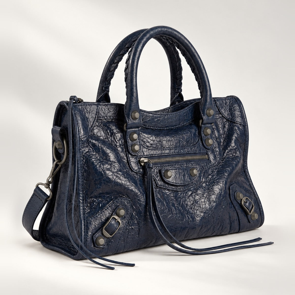 Medium City-Style Leather Shoulder Bag in Deep Blue, moto detail, dual top handles, top zip and crossbody strap, 14.5 x 9.5 in