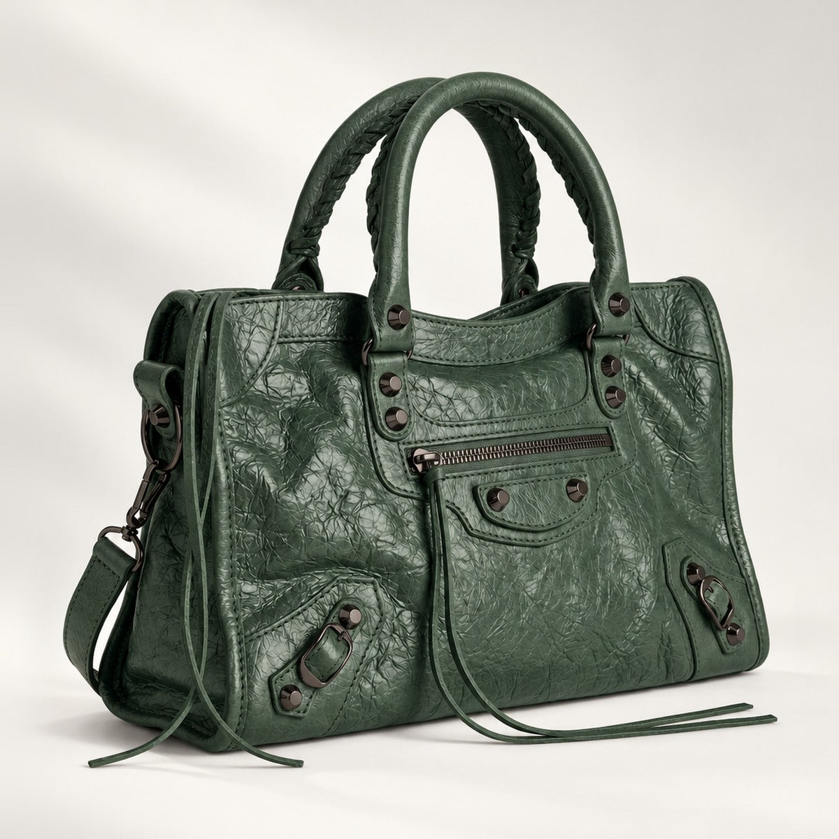 Medium City-Style Leather Shoulder Bag in Olive, moto detail, dual top handles, top zip and crossbody strap, 14.5 x 9.5 in