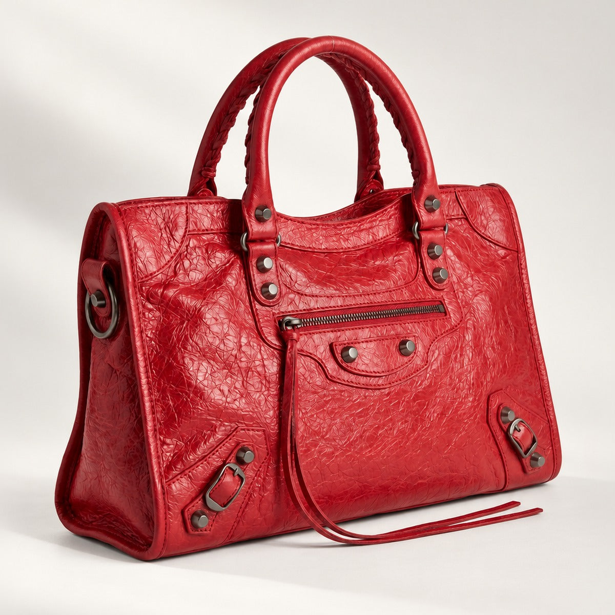 Medium City-Style Leather Shoulder Bag in Red, moto detail, dual top handles, top zip and crossbody strap, 14.5 x 9.5 in