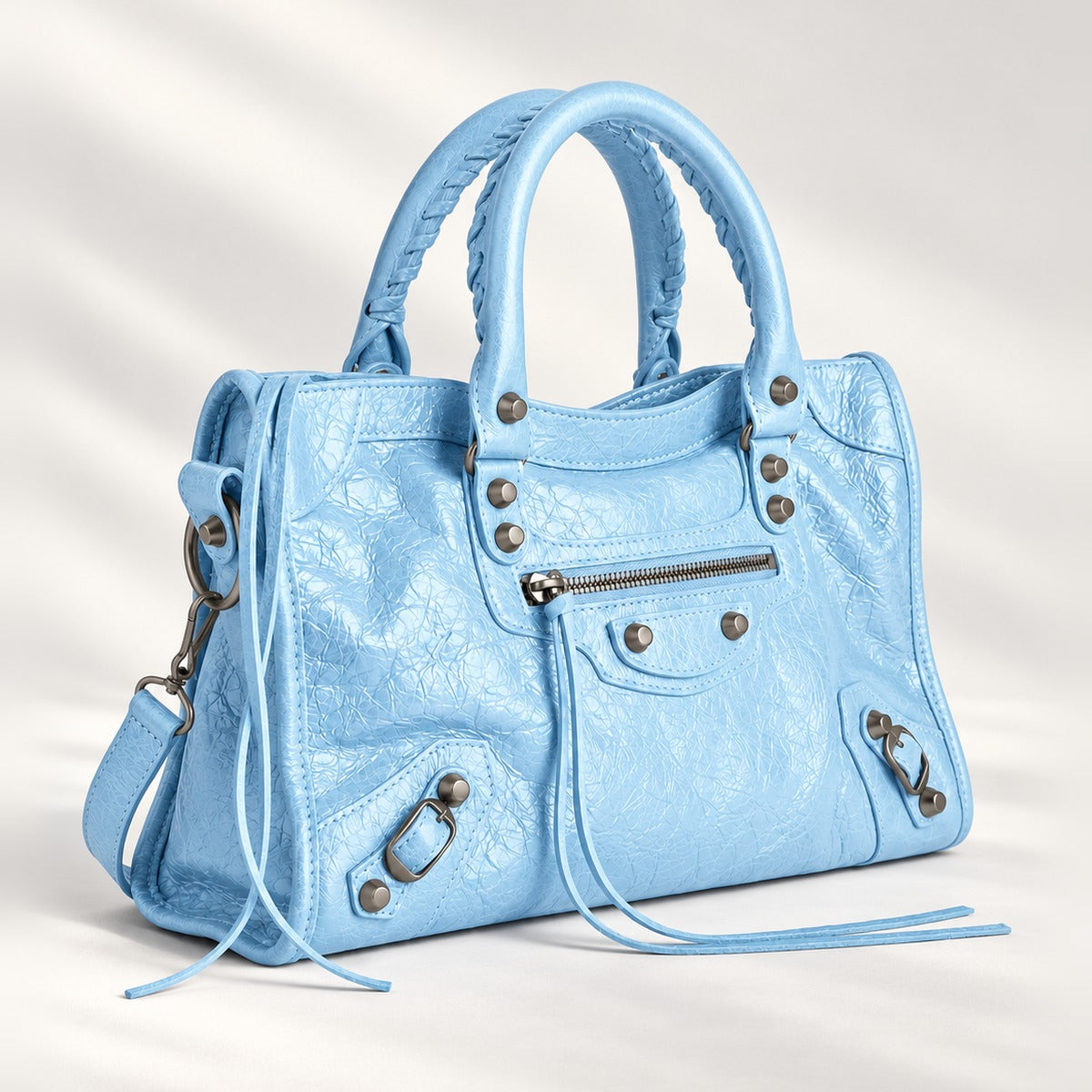 Medium City-Style Leather Shoulder Bag in Sky Blue, moto detail, dual top handles, top zip and crossbody strap, 14.5 x 9.5 in
