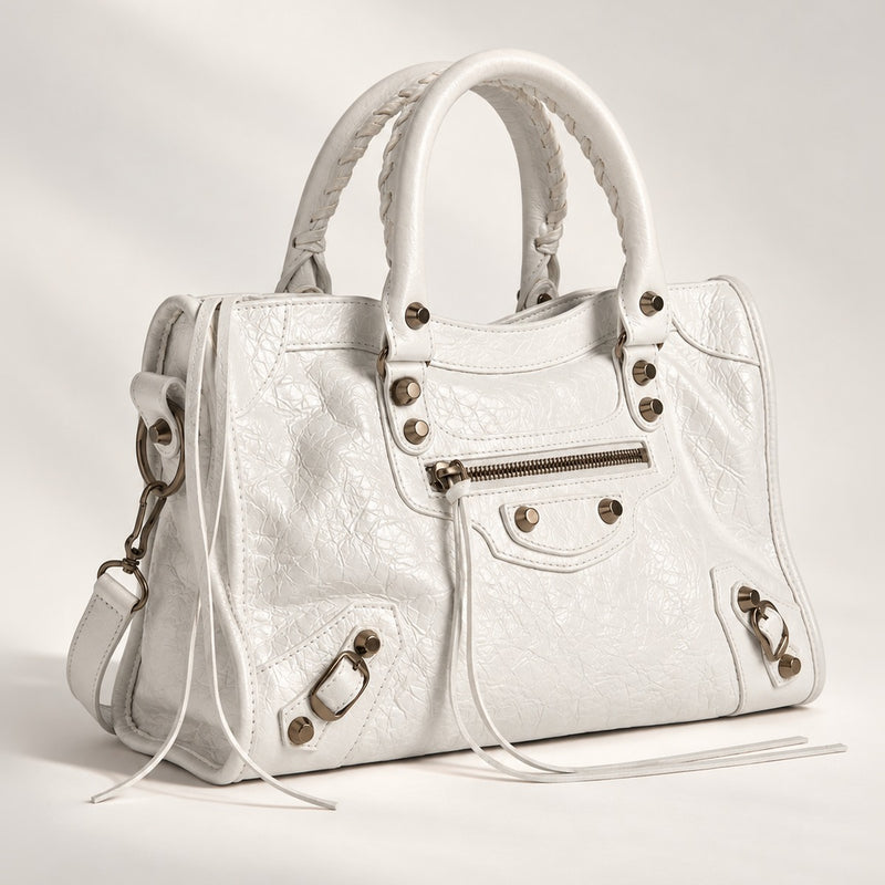 Medium City-Style Leather Shoulder Bag in White, moto detail, dual top handles, top zip and crossbody strap, 14.5 x 9.5 in