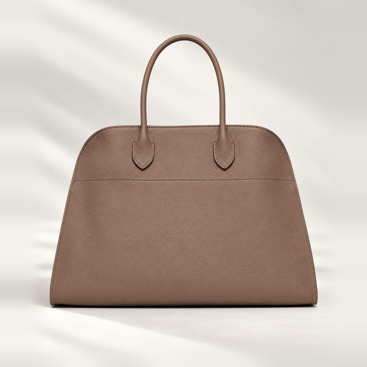 Modern Structured Grained Leather Tote in Dark Taupe, large tote with side tabs and toggle closure, 15 x 11 x 9 in