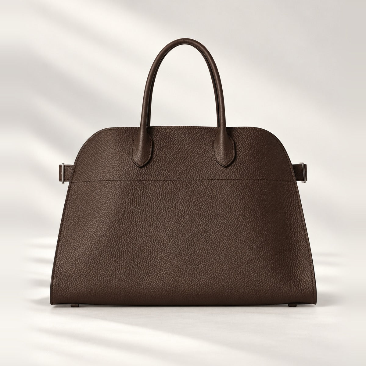 Modern Structured Grained Leather Tote in Mocha, large tote with side tabs and toggle closure, 15 x 11 x 9 in
