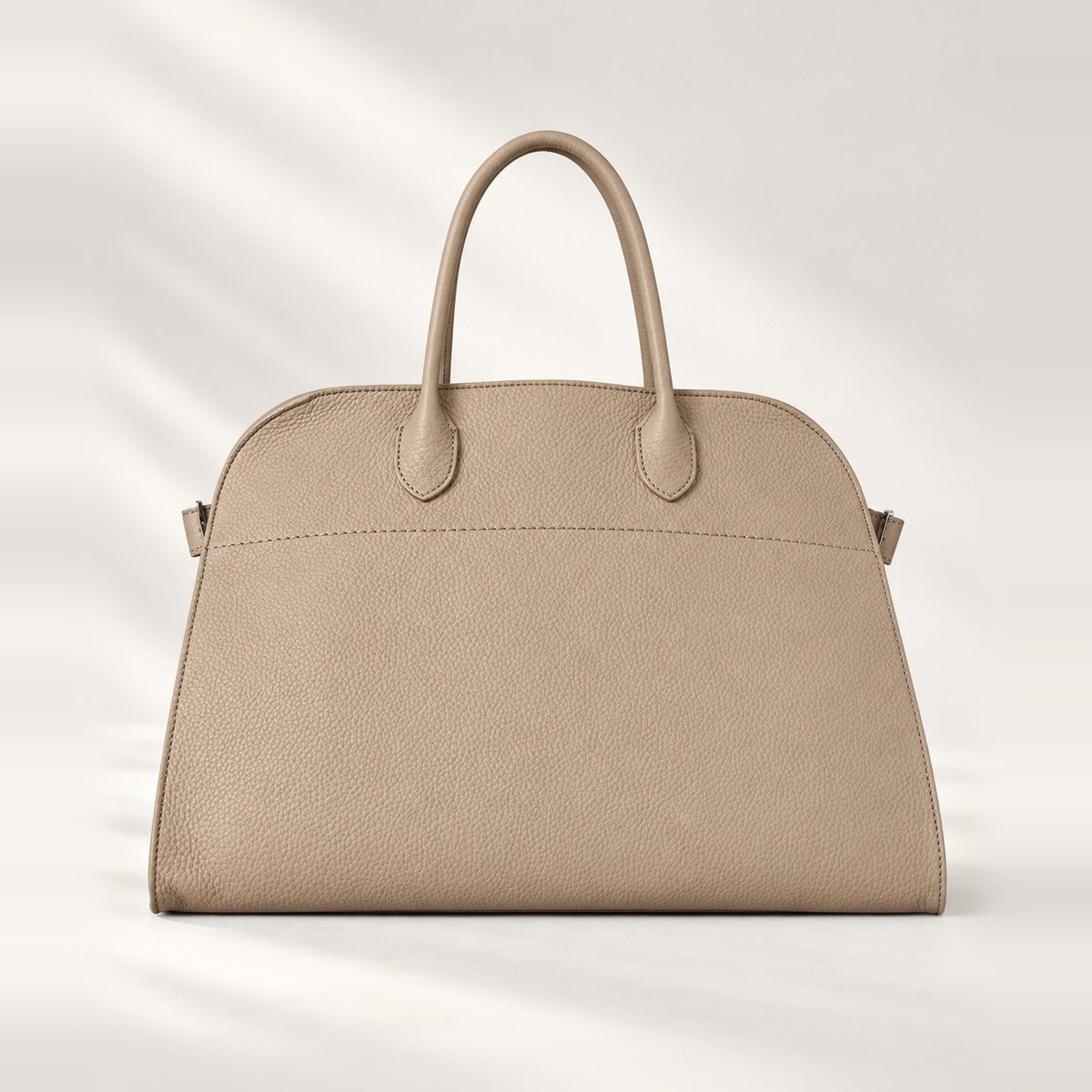 Modern Structured Grained Leather Tote in Taupe, large tote with side tabs and toggle closure, 15 x 11 x 9 in