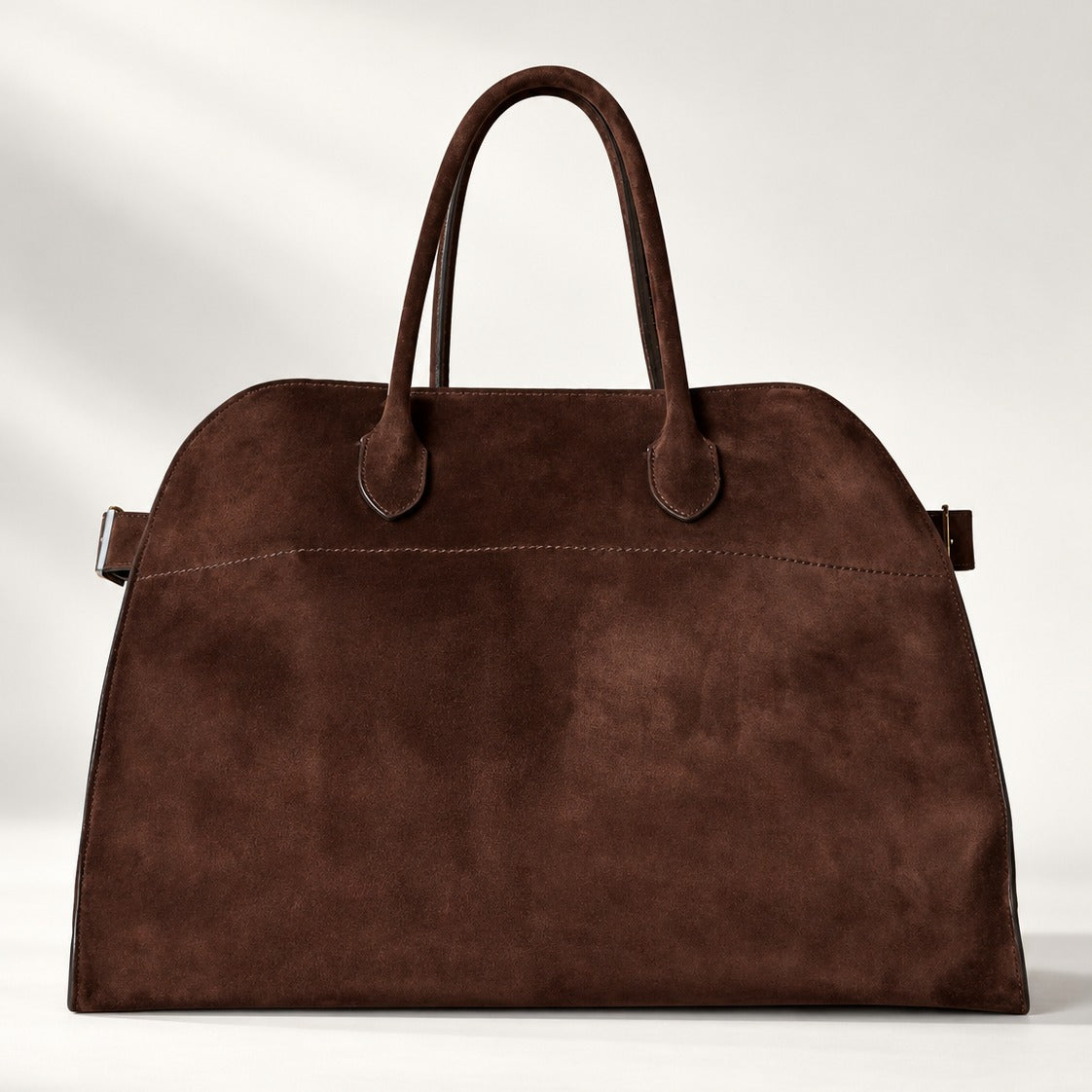 Belted 15 Modern Structured Tote, Suede Edition in Coffee Brown, matte vegan suede with belted gussets, 15 x 11 x 9 in