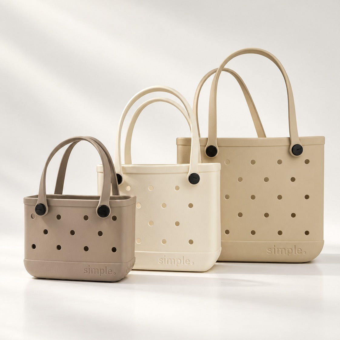 EVA Rubber Tote Bag Set of 3 in beige tones, waterproof XL, medium and small totes in Natural Stone, Coconut and Drift