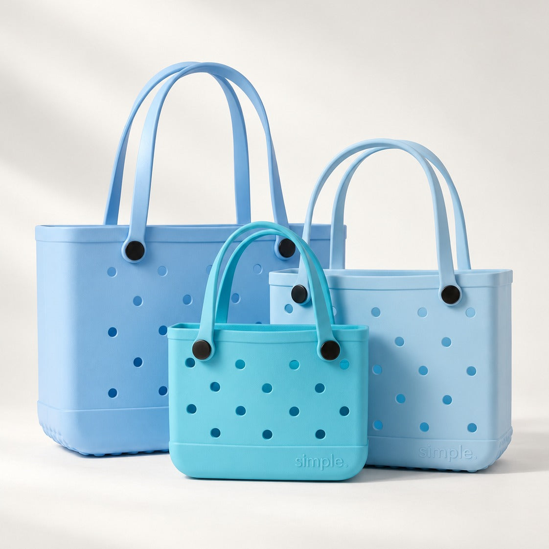 EVA Rubber Tote Bag Set of 3 in blue tones, waterproof large, medium and small totes in Carolina, Blue Skies and TIFF