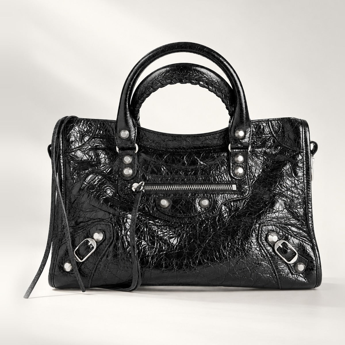 Small City-Style Leather Shoulder Bag in Black, moto detail, dual top handles, top zip and detachable strap, 12 x 8 in