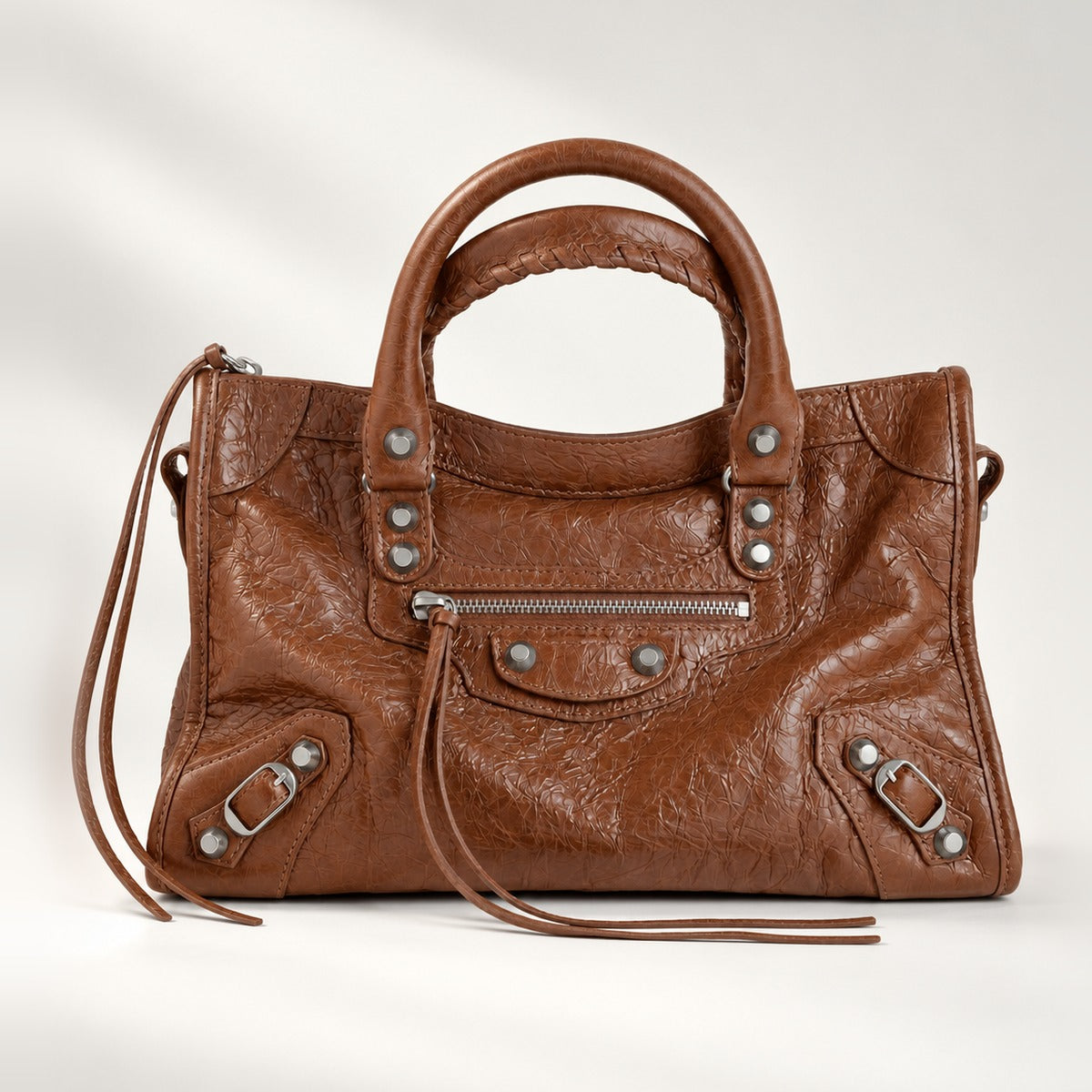 Small City-Style Leather Shoulder Bag in Brown, moto detail, dual top handles, top zip and detachable strap, 12 x 8 in