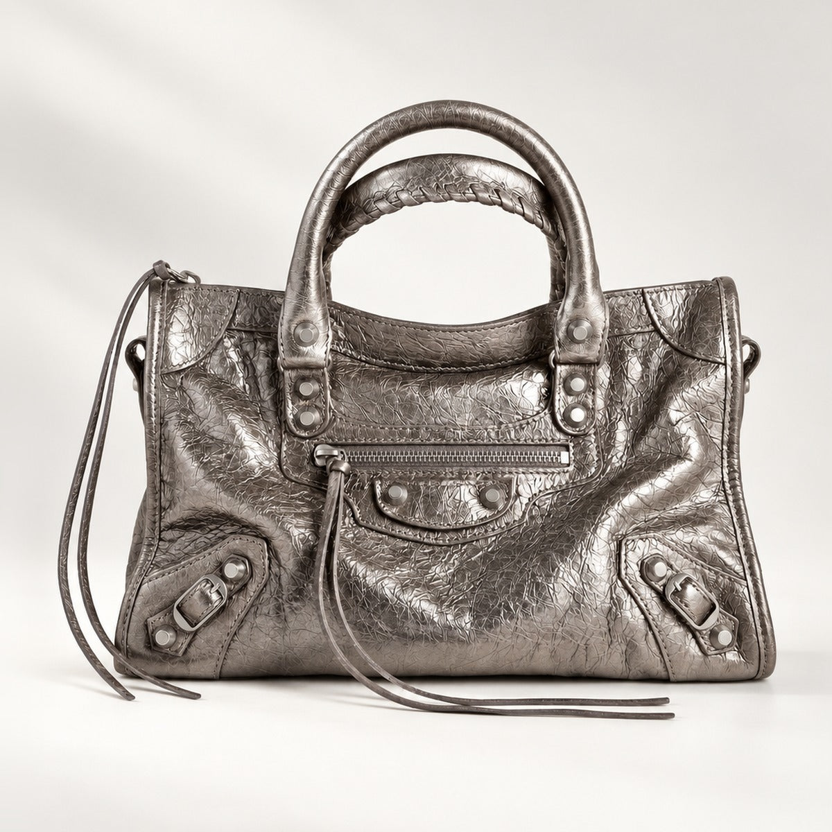 Small City-Style Leather Shoulder Bag in Champagne, moto detail, dual top handles, top zip and detachable strap, 12 x 8 in