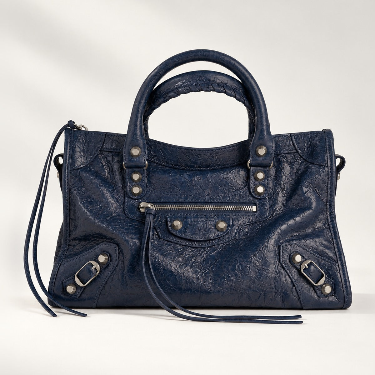 Small City-Style Leather Shoulder Bag in Deep Blue, moto detail, dual top handles, top zip and detachable strap, 12 x 8 in