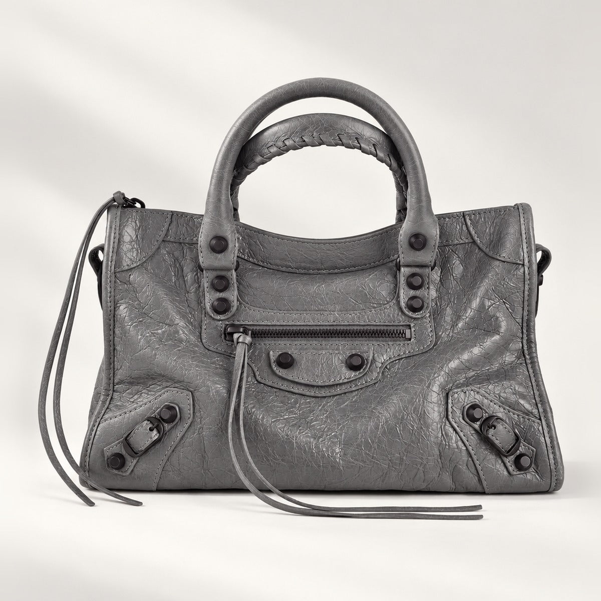 Small City-Style Leather Shoulder Bag in Gray, moto detail, dual top handles, top zip and detachable strap, 12 x 8 in
