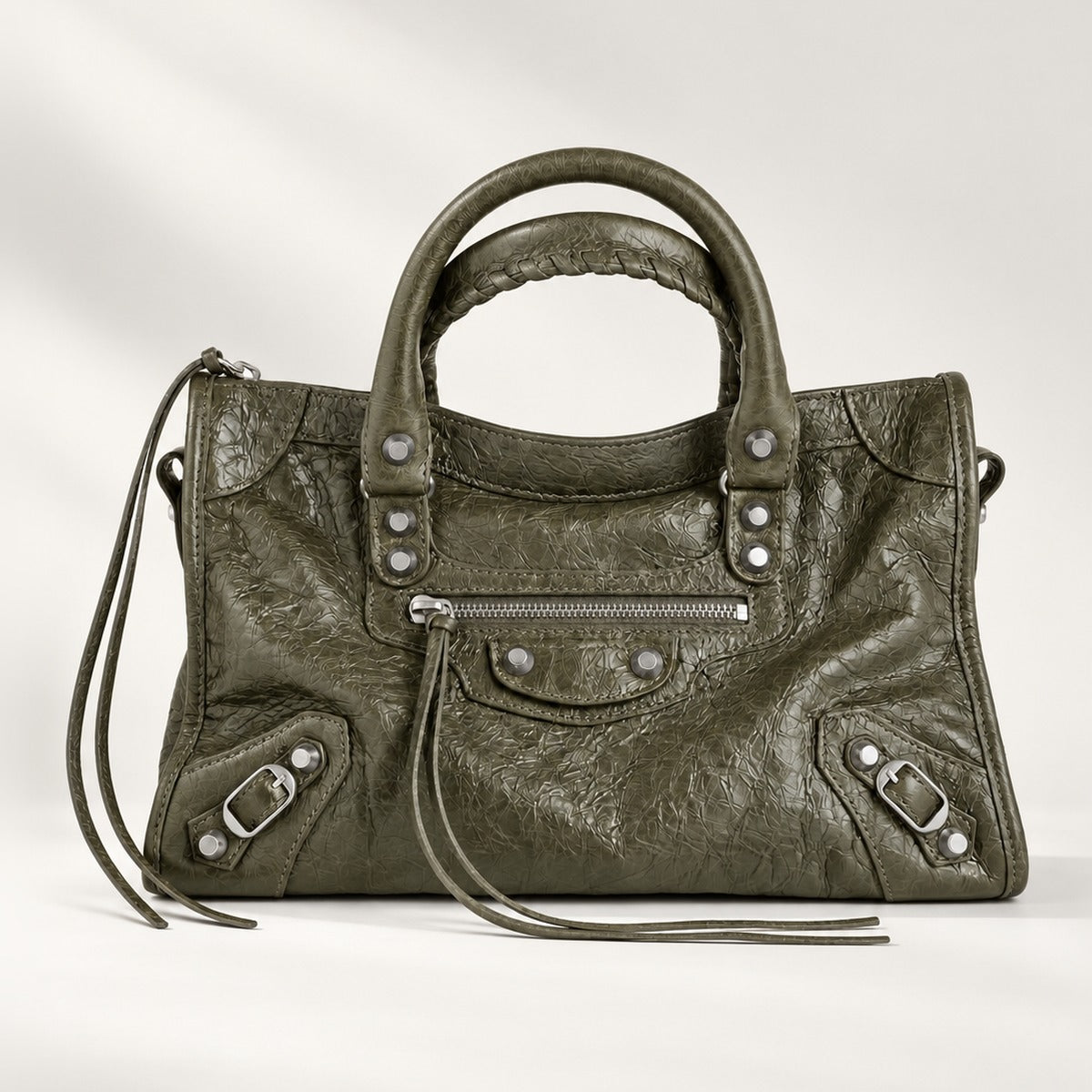 Small City-Style Leather Shoulder Bag in Olive, moto detail, dual top handles, top zip and detachable strap, 12 x 8 in