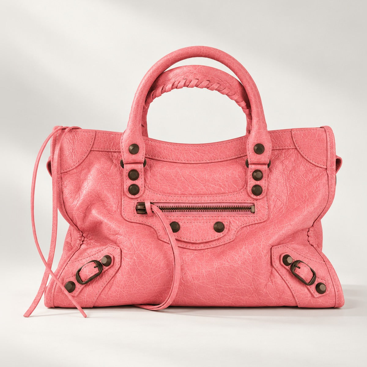 Small City-Style Leather Shoulder Bag in Pink, moto detail, dual top handles, top zip and detachable strap, 12 x 8 in