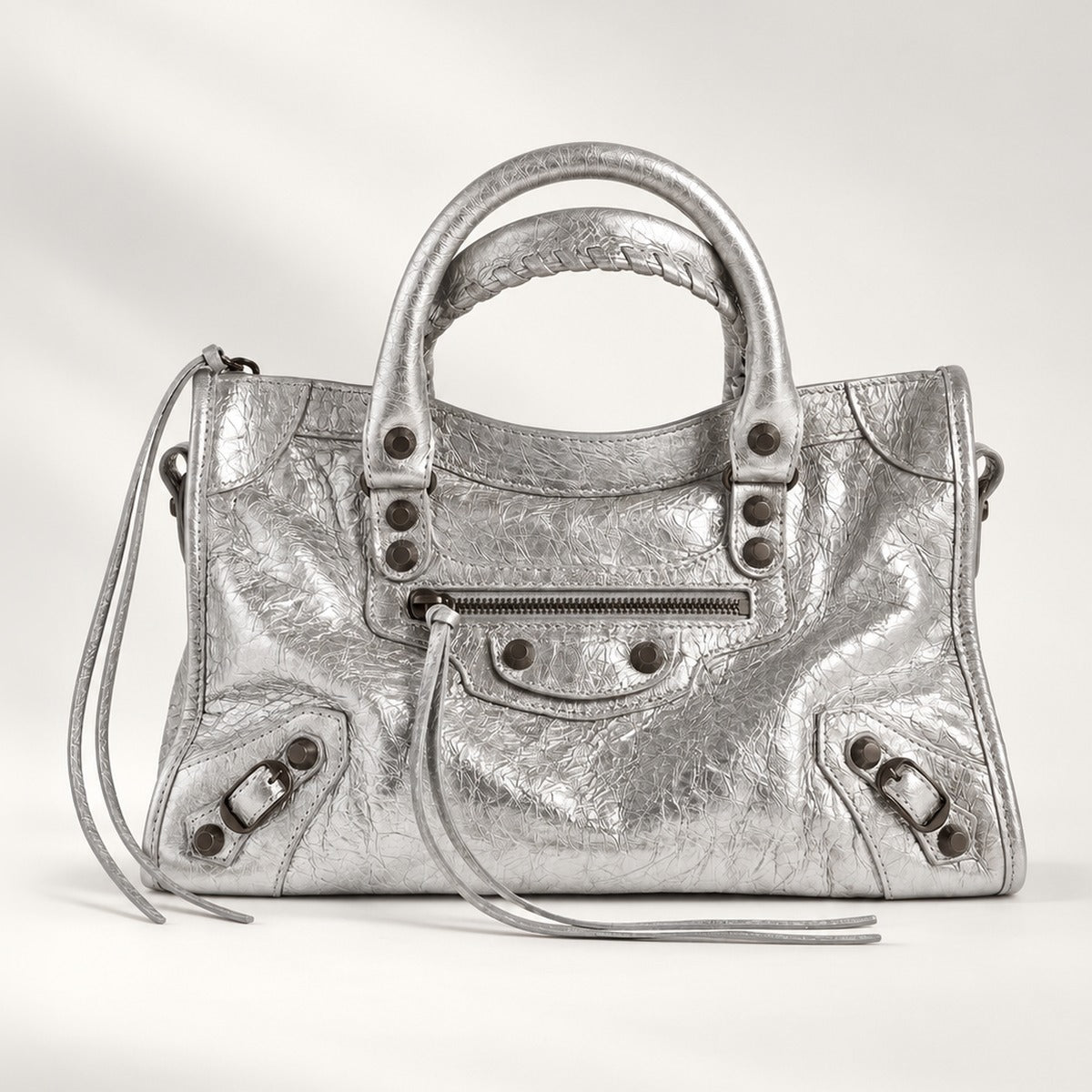 Small City-Style Leather Shoulder Bag in Silver, moto detail, dual top handles, top zip and detachable strap, 12 x 8 in