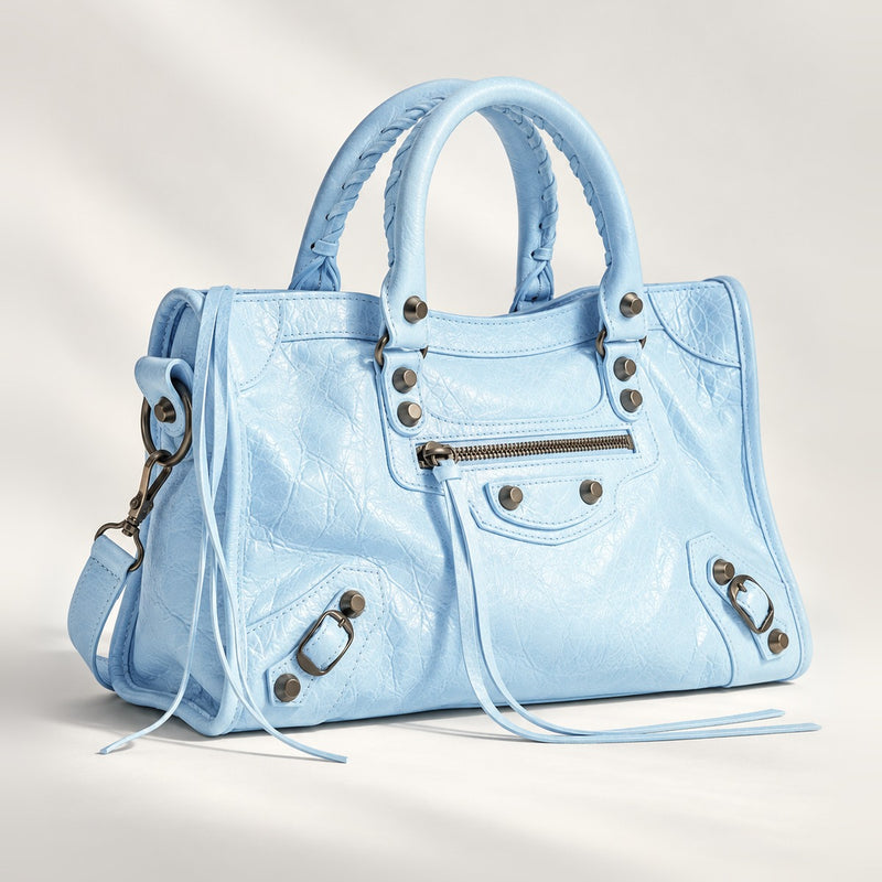 Small City-Style Leather Shoulder Bag in Sky Blue, moto detail, dual top handles, top zip and detachable strap, 12 x 8 in