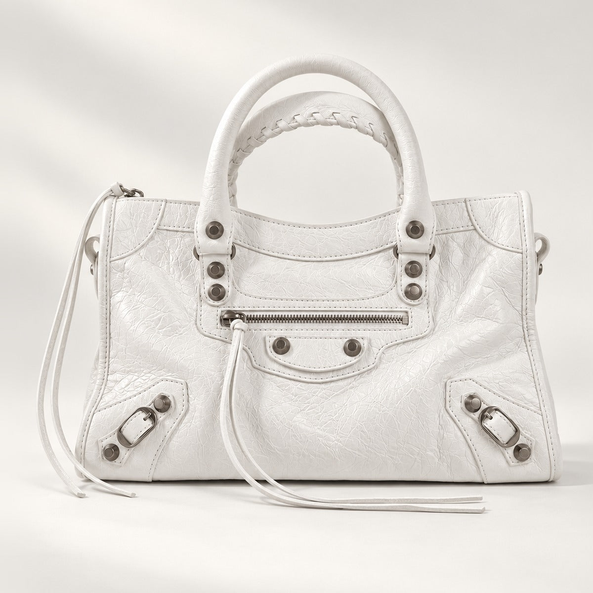 Small City-Style Leather Shoulder Bag in White, moto detail, dual top handles, top zip and detachable strap, 12 x 8 in