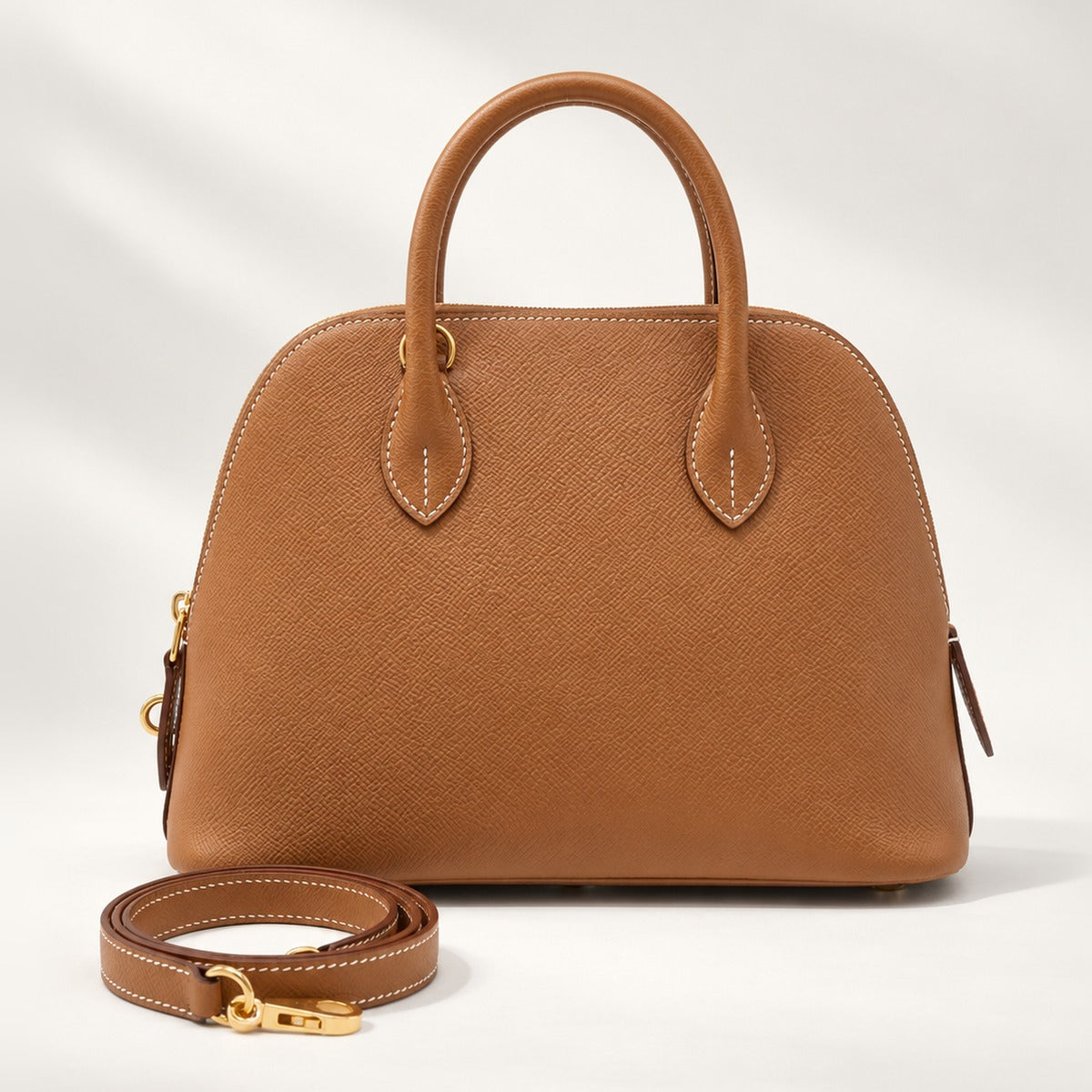 Structured Dome 25 Satchel in Brown, vegan leather top handle crossbody bag with gold-tone hardware, 10.2 x 7.9 in