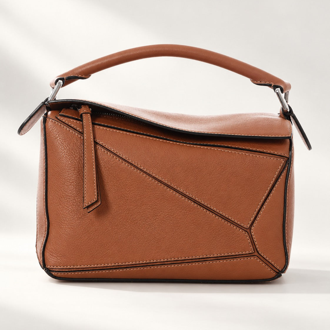 Structured Patchwork Leather Bag in Tan Brown with silver hardware, convertible top handle crossbody with fold-over zip flap