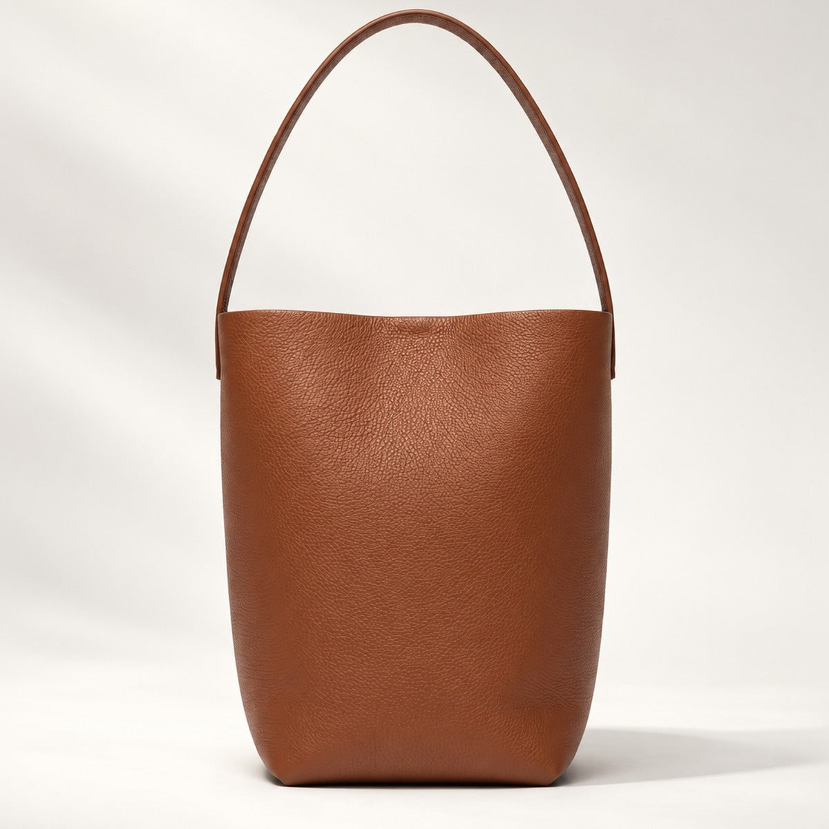 Vertical Soft Leather Tote Medium in Brown, genuine top-grain calfskin bucket tote with magnetic closure, 11.25 in tall